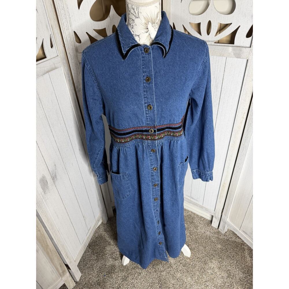 Erika & Company Vintage Floral Denim Dress Cottagecore Button Teacher Sz Large